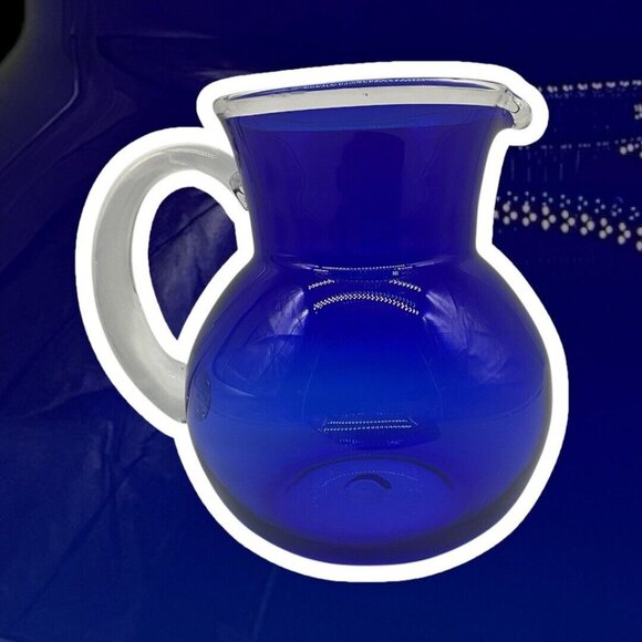 Handblown Vintage Pitcher Cobalt Blue and Clear Art Glass Quality Workmanship - Picture 3 of 16